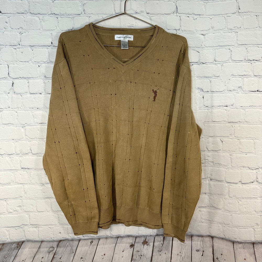 Cypress Links Mens Large Tan V-Neck Cotton Golf Sweater Pointelle Knit Khaki L
